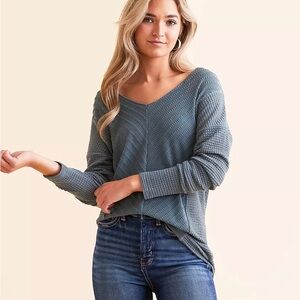 Blue Textured V-Neck Sweater